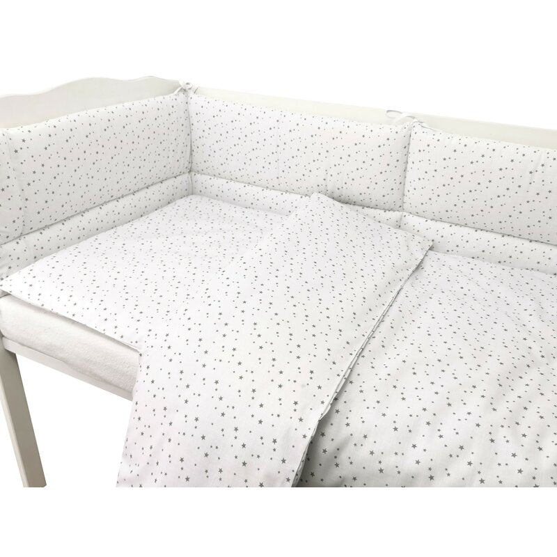 Lenjerie patut cu 3 piese, MimiNu, Pentru patut 120x60 cm, Cu protectie laterala, Din bumbac certificat Oeko Tex Standard 100, Mini Gray Stars
