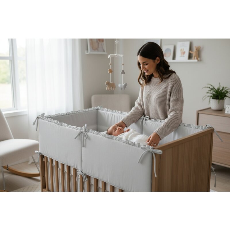 Lenjerie patut cu 3 piese, MimiNu, Pentru patut 120x60 cm, Cu volanase, Cu protectie laterala, Din bumbac certificat Oeko Tex Standard 100, Colectia Royal, Grey
