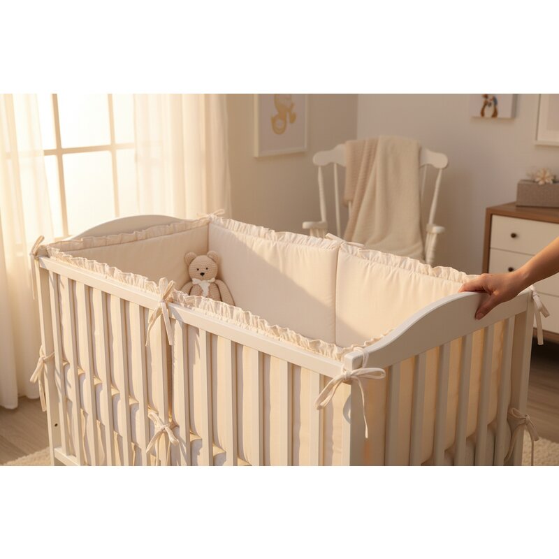 Lenjerie patut cu 3 piese, MimiNu, Pentru patut 120x60 cm, Cu volanase, Cu protectie laterala, Din bumbac certificat Oeko Tex Standard 100, Colectia Royal, Beige