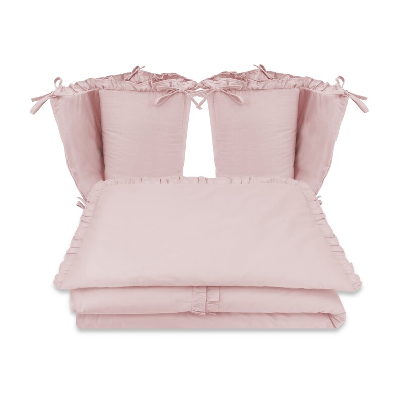 Lenjerie patut cu 4 piese, MimiNu, Pentru patut 120x60 cm, Cu doua protectii laterale, Cu volanase, Din bumbac certificat Oeko Tex Standard 100, Colectia Royal, Powder Pink - gogobaby.ro
