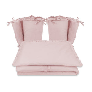 Lenjerie patut cu 4 piese, MimiNu, Pentru patut 120x60 cm, Cu doua protectii laterale, Cu volanase, Din bumbac certificat Oeko Tex Standard 100, Colectia Royal, Powder Pink