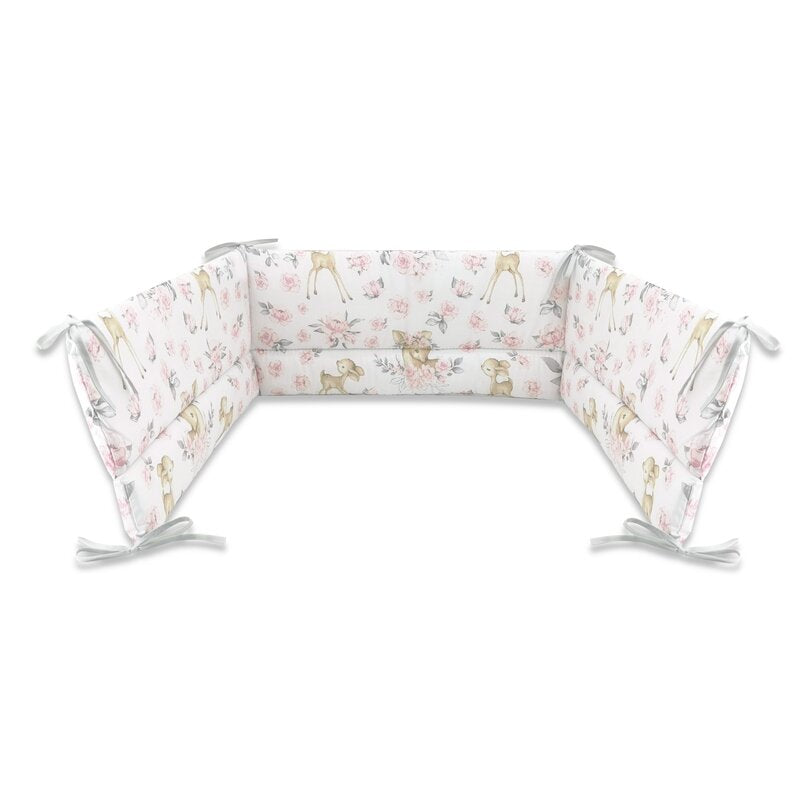 Lenjerie patut cu 4 piese, MimiNu, Pentru patut 120x60 cm, Cu doua protectii laterale, Din bumbac certificat Oeko Tex Standard 100, Sweet Deer Pink