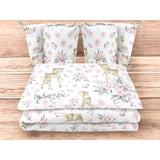 Lenjerie patut cu 4 piese, MimiNu, Pentru patut 120x60 cm, Cu doua protectii laterale, Din bumbac certificat Oeko Tex Standard 100, Sweet Deer Pink