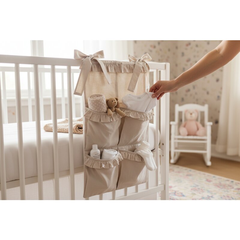 Organizator pentru patut, MimiNu, Din bumbac certificat Oeko Tex Standard 100, Cu 6 compartimente, Doua panglici, 70x40 cm, Cu volanase, Colectia Royal Beige