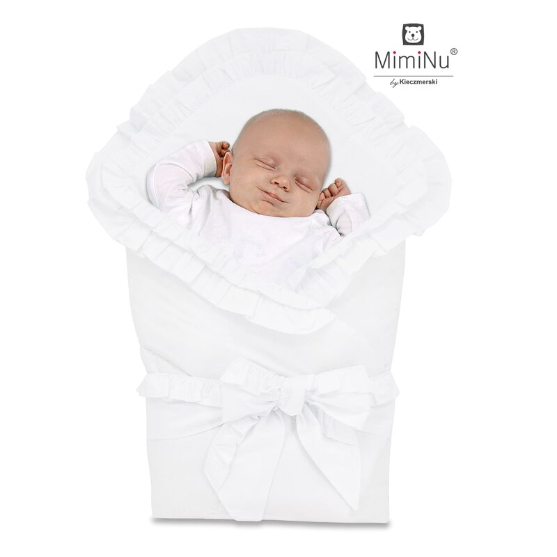 Paturica de infasat, MimiNu, Multifunctionala pentru botez, Cu volanase, Cu inchidere cu panglica si arici velcro, Dimensiune 75x75 cm, Din bumbac certificat Oeko Tex Standard 100, White