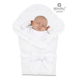 Paturica de infasat, MimiNu, Multifunctionala pentru botez, Cu volanase, Cu inchidere cu panglica si arici velcro, Dimensiune 75x75 cm, Din bumbac certificat Oeko Tex Standard 100, White