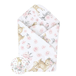 Paturica de infasat, MimiNu, Cu doua fete, Cu multiple utilizari, Cu inchidere arici velcro, Dimensiune 75x75 cm, Din bumbac certificat Oeko Tex Standard 100, Sweet Deer Pink