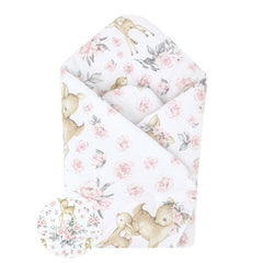 Paturica de infasat, MimiNu, Cu doua fete, Cu multiple utilizari, Cu inchidere arici velcro, Dimensiune 75x75 cm, Din bumbac certificat Oeko Tex Standard 100, Sweet Deer Pink