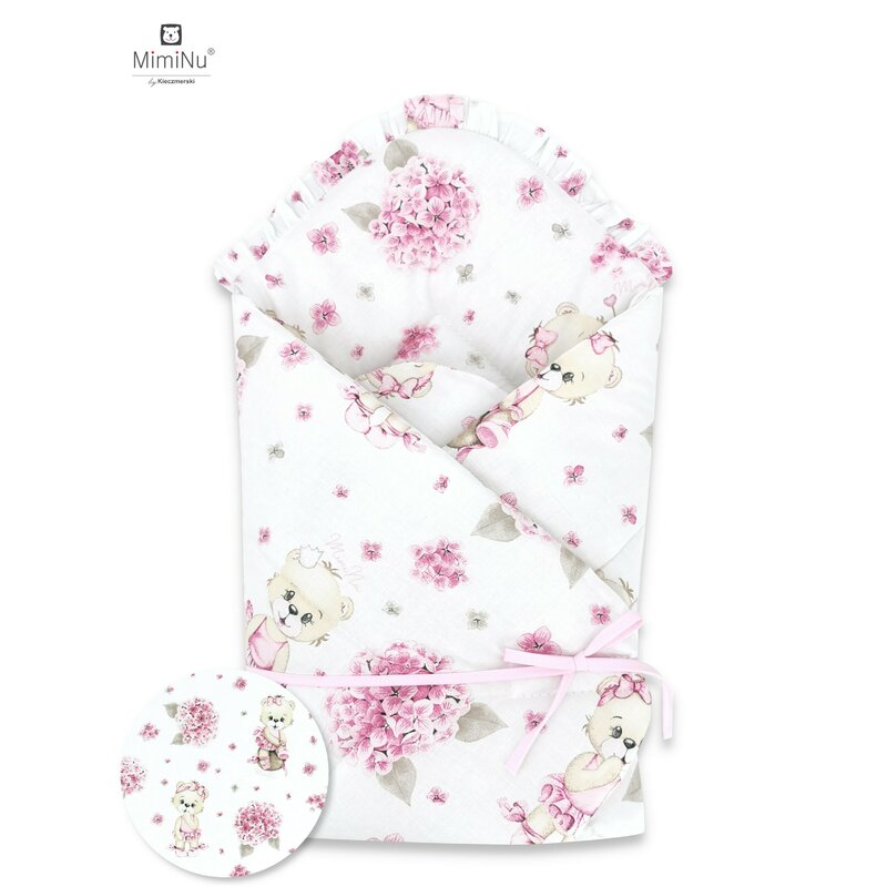 Paturica de infasat, MimiNu, Cu panglica, Cu multiple utilizari, Cu inchidere arici velcro, Dimensiune 75x75 cm, Din bumbac certificat Oeko Tex Standard 100, Design, Pink Ballerina