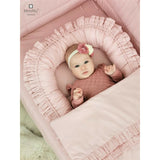 Prosop cu gluga, MimiNu, Mare, Cu volanas, Dimensiune 100x100 cm, Din bumbac si thermo fleece, Materiale certificate Oeko Tex Standard 100, Colectia Royal, Powder Pink