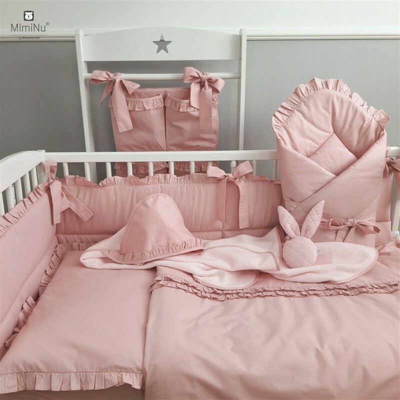 Prosop cu gluga, MimiNu, Mare, Cu volanas, Dimensiune 100x100 cm, Din bumbac si thermo fleece, Materiale certificate Oeko Tex Standard 100, Colectia Royal, Powder Pink