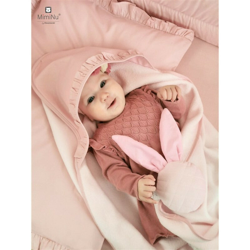 Prosop cu gluga, MimiNu, Mare, Cu volanas, Dimensiune 100x100 cm, Din bumbac si thermo fleece, Materiale certificate Oeko Tex Standard 100, Colectia Royal, Powder Pink