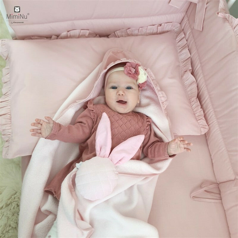 Prosop cu gluga, MimiNu, Mare, Cu volanas, Dimensiune 100x100 cm, Din bumbac si thermo fleece, Materiale certificate Oeko Tex Standard 100, Colectia Royal, Powder Pink