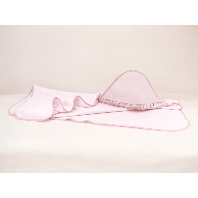 Prosop cu gluga, MimiNu, Mare, Cu volanas, Dimensiune 100x100 cm, Din bumbac si thermo fleece, Materiale certificate Oeko Tex Standard 100, Colectia Royal, Powder Pink