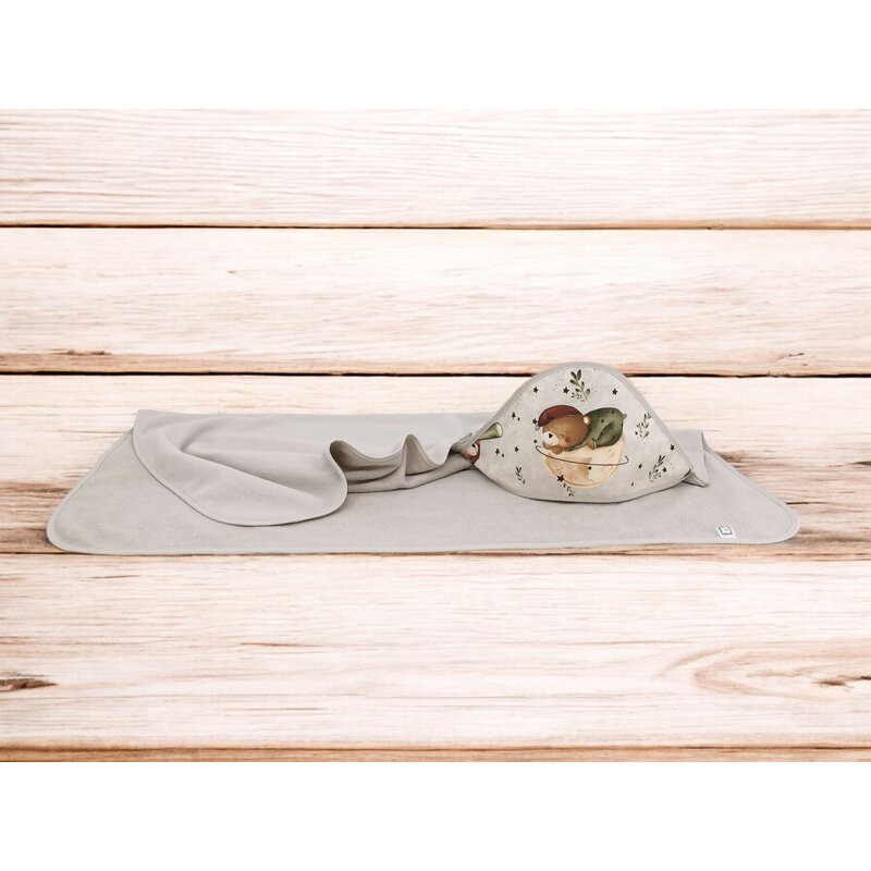 Prosop cu gluga, MimiNu, Mare, Dimensiune 100x100 cm, Din bumbac si thermo fleece, Materiale certificate Oeko Tex Standard 100, Teddy Bear On Moon - gogobaby.ro