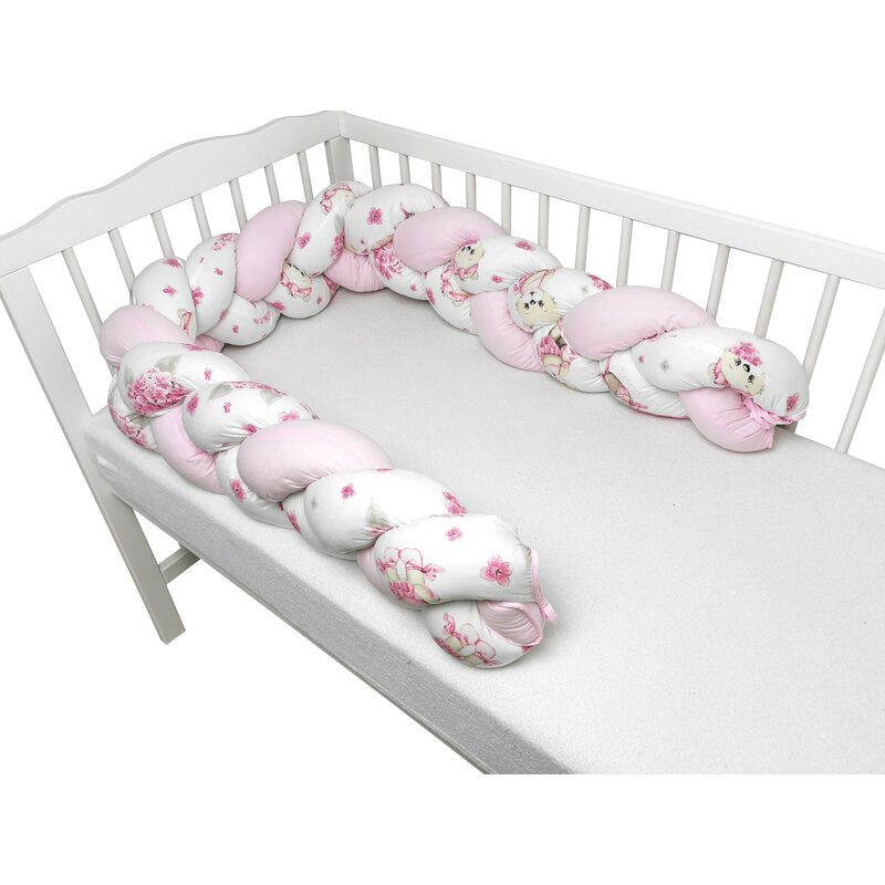 Protectie laterala, MimiNu, Pentru patut bebe, Tip Bumper impletit, Din bumbac, Din materiale certificate Oeko Tex Standard 100, Lungime 220 cm, Pink Ballerina - gogobaby.ro
