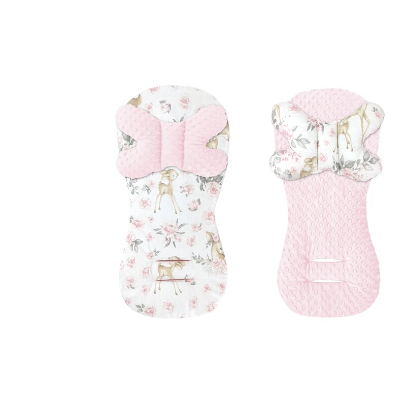 Protectie textila, MimiNu, Pentru carucior, scaun auto si scaun de bicicleta, Cu perna Butterfly, Materiale certificate Oeko Tex Standard 100, Minky Sweet Deer Pink