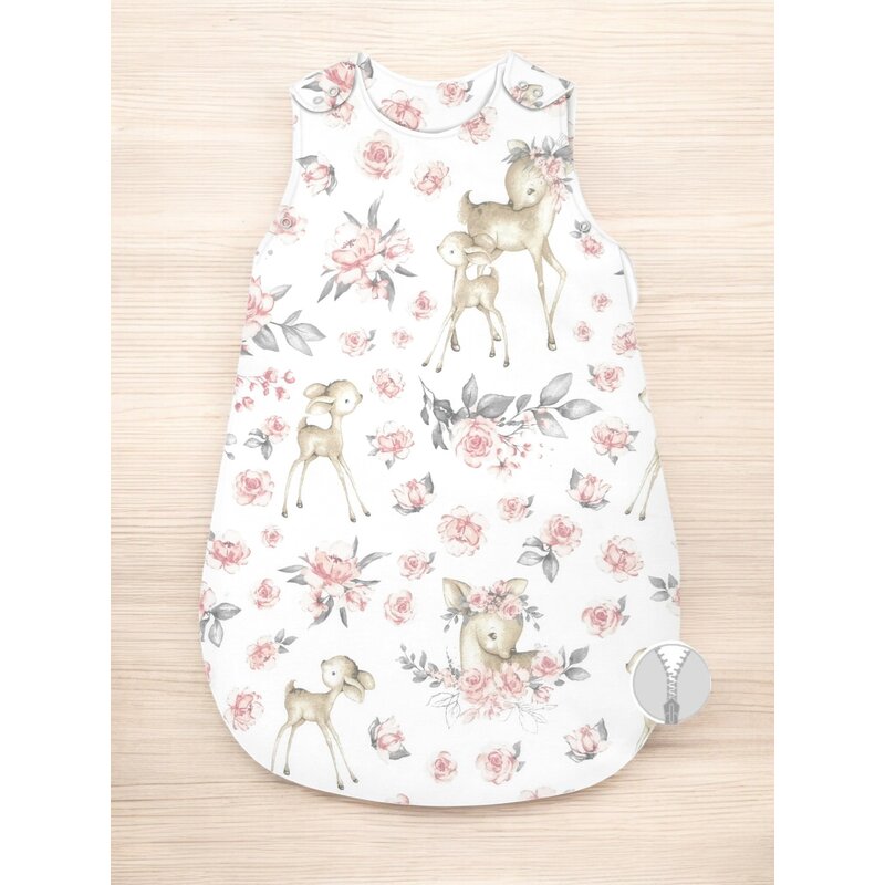 Sac de dormit, MimiNu, Pentru bebelusi, De iarna, Din bumbac certificat Oeko Tex Standard 100, Cu fermoar lateral, Cu capse pe umar, 70 cm, 0 - 6 luni, 2.5 Tog, Sweet Deer Pink