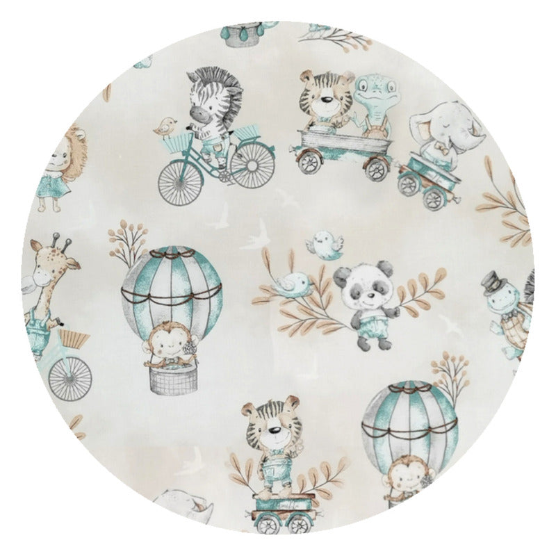 Cutie depozitare jucarii, MimiNu, Set 3 cosuri rotunde cu dimensiuni generoase pentru jucarii, Cu volanase, Dimensiuni 50x35 cm, 35x30 cm, 19x23 cm, Din bumbac certificat Oeko Tex Standard 100, Design, Zoo on Bikes Nugat - gogobaby.ro