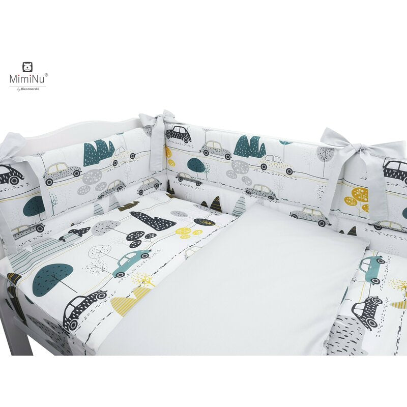 Lenjerie patut cu 3 piese, MimiNu, Pentru patut 120x60 cm, Cu protectie laterala, Din bumbac certificat Oeko Tex Standard 100, Childrens Journey Grey - gogobaby.ro