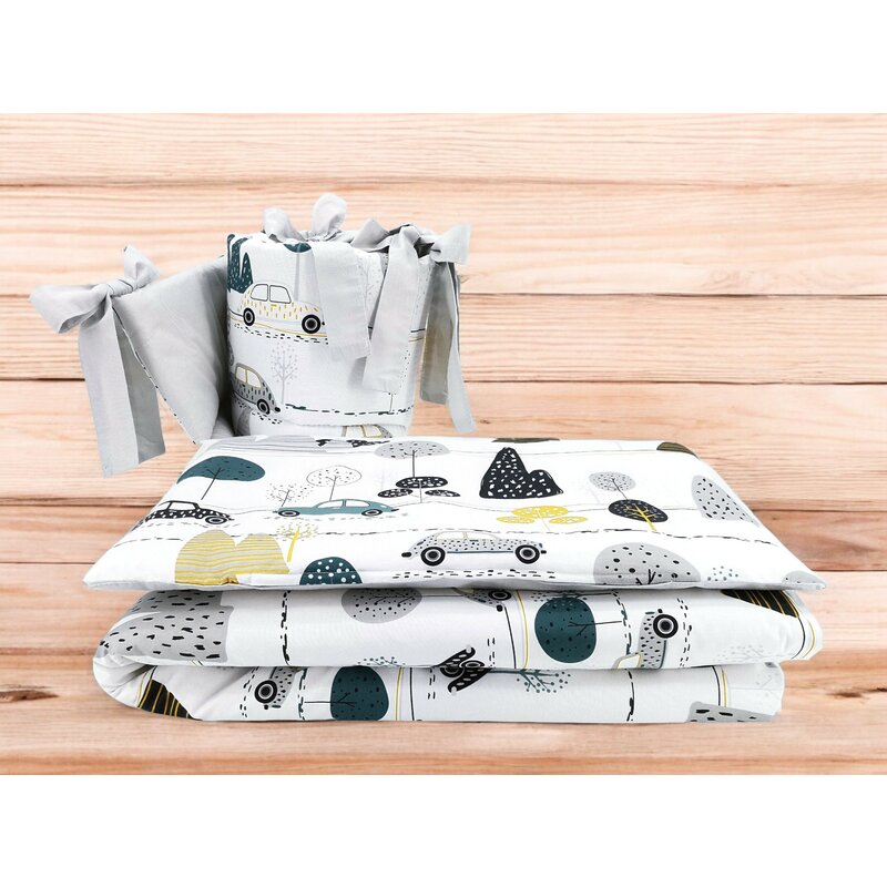 Lenjerie patut cu 3 piese, MimiNu, Pentru patut 120x60 cm, Cu protectie laterala, Din bumbac certificat Oeko Tex Standard 100, Childrens Journey Grey - gogobaby.ro