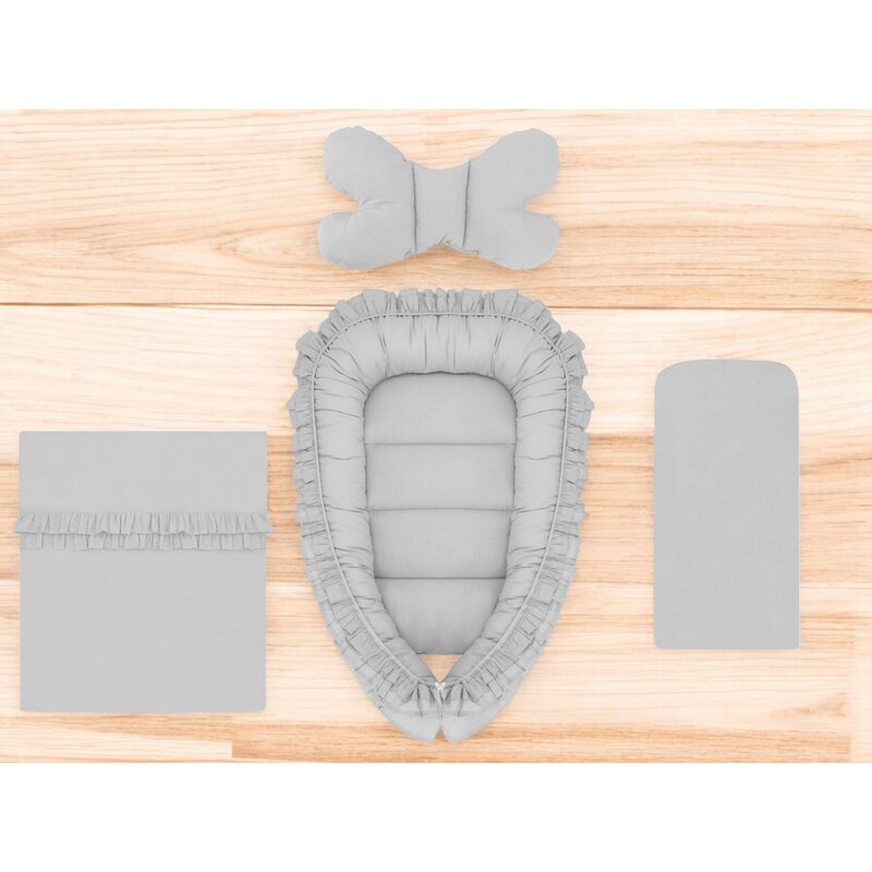 Set 4 in 1 Cosulet bebelus, MimiNu, Baby Cocoon 75x55 cm, Cu volanase, Husa bumbac, Din bumbac certificat Oeko Tex Standard 100, Cu paturica cu volanase 50x70 cm, Cu saltelut, Cu perna fluture, Colectia Royal, Grey - gogobaby.ro