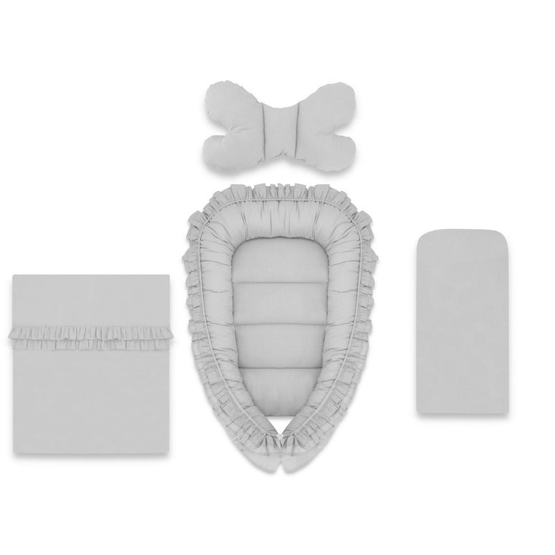 Set 4 in 1 Cosulet bebelus, MimiNu, Baby Cocoon 75x55 cm, Cu volanase, Husa bumbac, Din bumbac certificat Oeko Tex Standard 100, Cu paturica cu volanase 50x70 cm, Cu saltelut, Cu perna fluture, Colectia Royal, Grey - gogobaby.ro