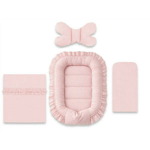 Set 4 in 1 Cosulet bebelus, MimiNu, Baby Cocoon 75x55 cm, Cu volanase, Husa bumbac, Din bumbac certificat Oeko Tex Standard 100, Cu paturica cu volanase 50x70 cm, Cu salteluta, Cu perna fluture, Colectia Royal, Powder Pink
