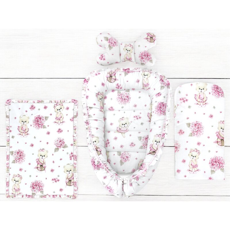Set 4 in 1 Cosulet bebelus, MimiNu, Baby Cocoon 75x55 cm, Husa bumbac, Din bumbac certificat Oeko Tex Standard 100, Cu paturica 50x70 cm, Cu salteluta, Cu perna fluture, Design, Pink Ballerina