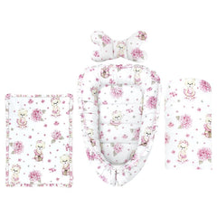 Set 4 in 1 Cosulet bebelus, MimiNu, Baby Cocoon 75x55 cm, Husa bumbac, Din bumbac certificat Oeko Tex Standard 100, Cu paturica 50x70 cm, Cu salteluta, Cu perna fluture, Design, Pink Ballerina