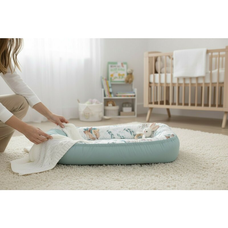 Set 4 in 1 Cosulet bebelus, MimiNu, Baby Cocoon 75x55 cm, Husa bumbac, Din bumbac certificat Oeko Tex Standard 100, Cu paturica 50x70 cm, Cu salteluta, Cu perna fluture, Lulu Natural