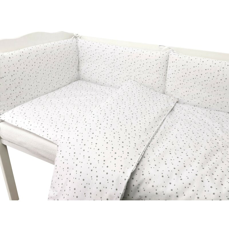 Lenjerie patut cu 5 piese, MimiNu, Pentru patut 120x60 cm, Cu pilota si perna, Din bumbac certificat Oeko Tex Standard 100, Mini Gray Stars