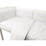 Lenjerie patut cu 5 piese, MimiNu, Pentru patut 120x60 cm, Cu pilota si perna, Din bumbac certificat Oeko Tex Standard 100, Mini Gray Stars