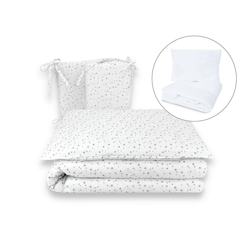 Lenjerie patut cu 5 piese, MimiNu, Pentru patut 120x60 cm, Cu pilota si perna, Din bumbac certificat Oeko Tex Standard 100, Mini Gray Stars