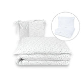 Lenjerie patut cu 5 piese, MimiNu, Pentru patut 120x60 cm, Cu pilota si perna, Din bumbac certificat Oeko Tex Standard 100, Mini Gray Stars