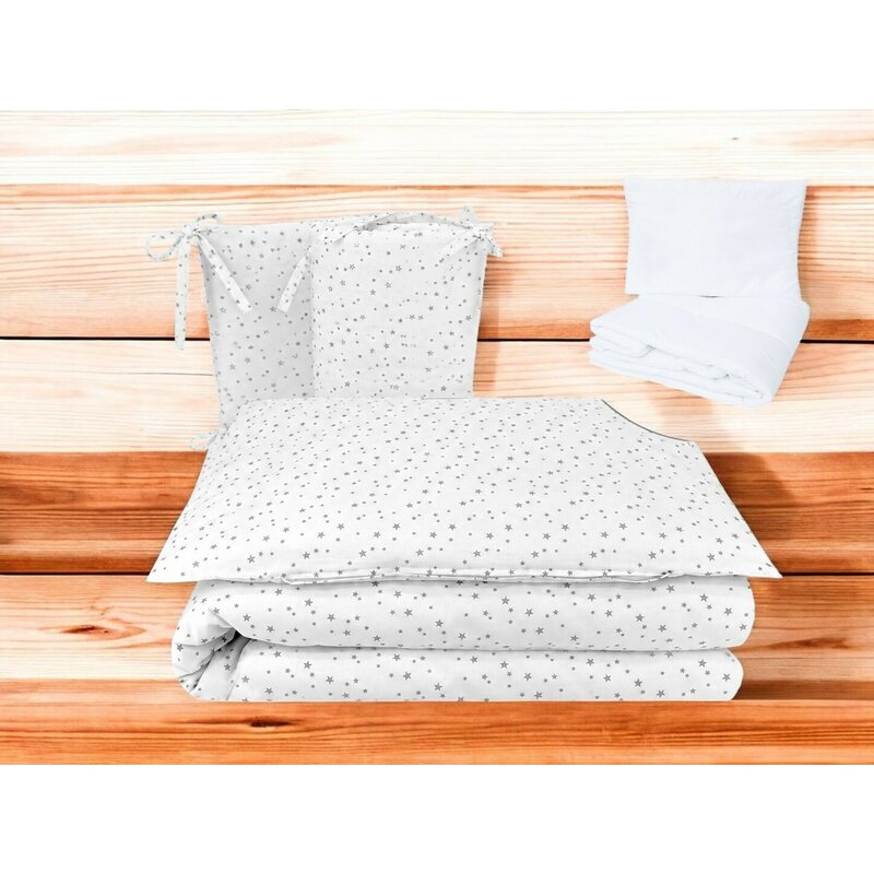 Lenjerie patut cu 5 piese, MimiNu, Pentru patut 120x60 cm, Cu pilota si perna, Din bumbac certificat Oeko Tex Standard 100, Mini Gray Stars