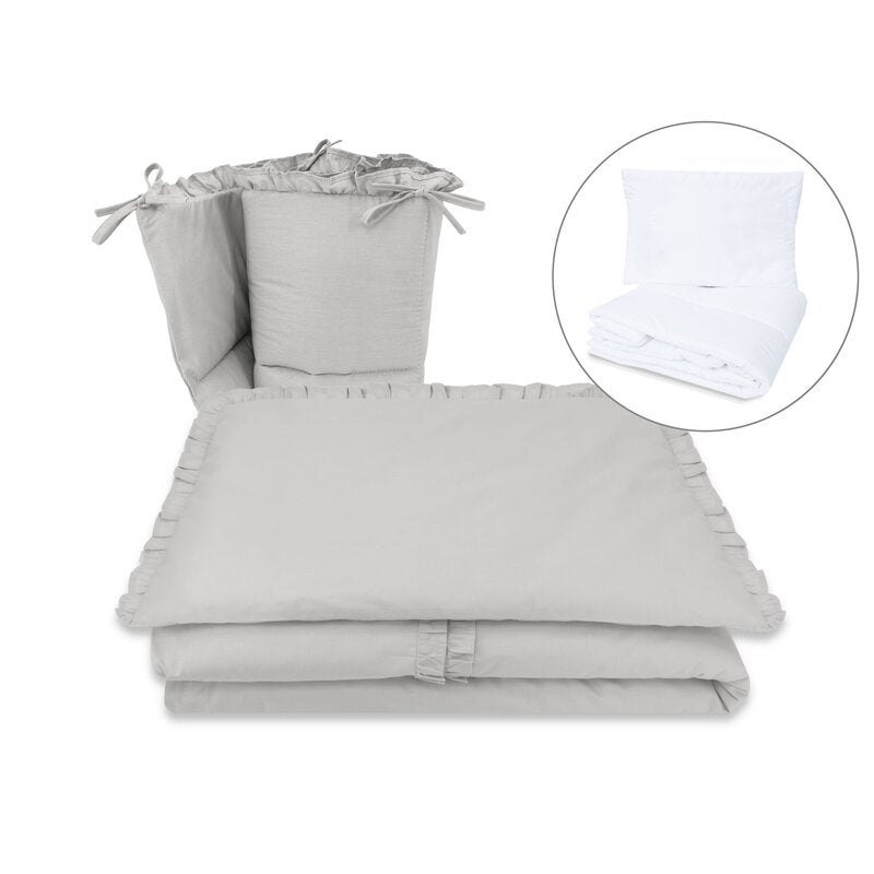 Lenjerie patut cu 5 piese, MimiNu, Pentru patut 120x60 cm, Cu volanase, Cu pilota si perna, Din bumbac certificat Oeko Tex Standard 100, Colectia Royal, Grey - gogobaby.ro