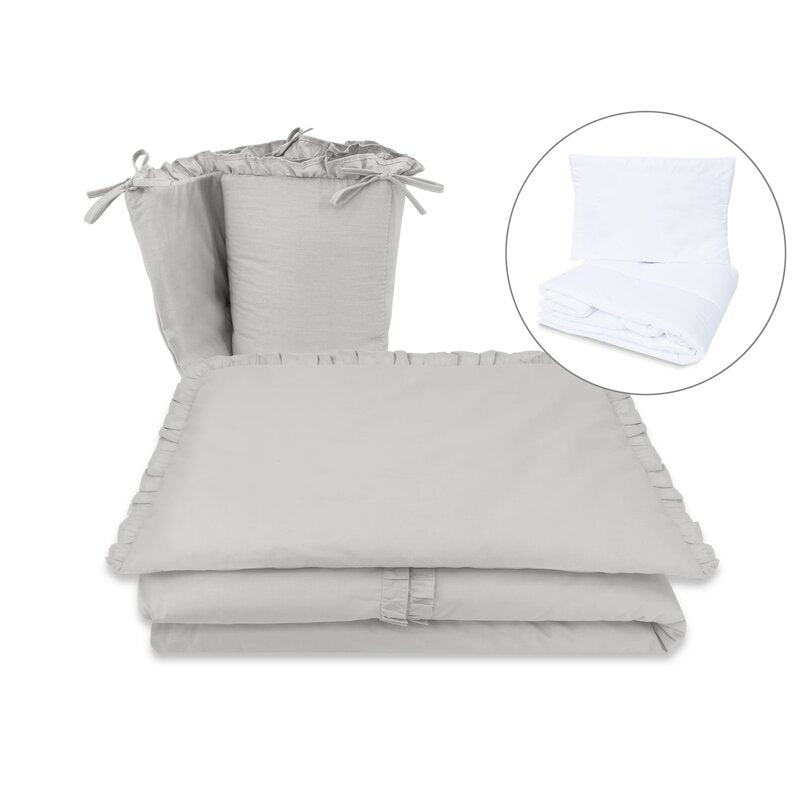 Lenjerie patut cu 5 piese, MimiNu, Pentru patut 120x60 cm, Cu volanase, Cu pilota si perna, Din bumbac certificat Oeko Tex Standard 100, Colectia Royal, Grey