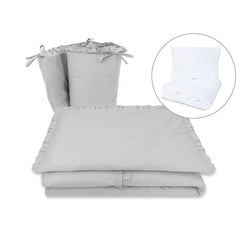 Lenjerie patut cu 5 piese, MimiNu, Pentru patut 120x60 cm, Cu volanase, Cu pilota si perna, Din bumbac certificat Oeko Tex Standard 100, Colectia Royal, Grey