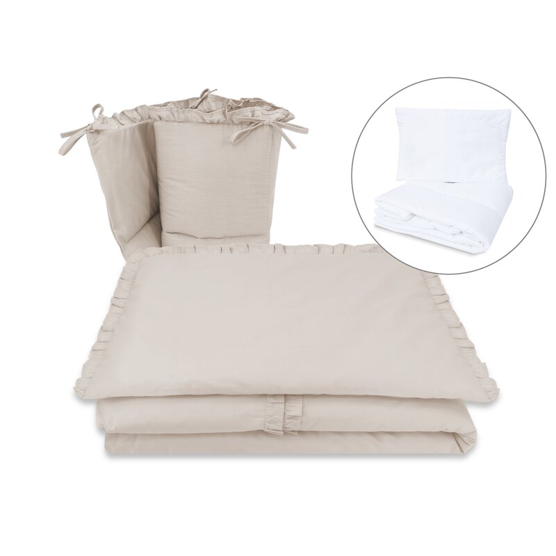 Lenjerie patut cu 5 piese, MimiNu, Pentru patut 120x60 cm, Cu volanase, Cu pilota si perna, Din bumbac certificat Oeko Tex Standard 100, Colectia Royal, Beige - gogobaby.ro