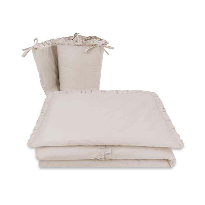 Lenjerie patut cu 5 piese, MimiNu, Pentru patut 120x60 cm, Cu volanase, Cu pilota si perna, Din bumbac certificat Oeko Tex Standard 100, Colectia Royal, Beige