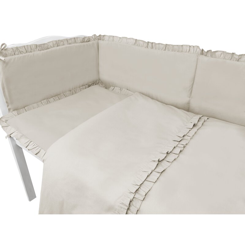 Lenjerie patut cu 5 piese, MimiNu, Pentru patut 120x60 cm, Cu volanase, Cu pilota si perna, Din bumbac certificat Oeko Tex Standard 100, Colectia Royal, Beige