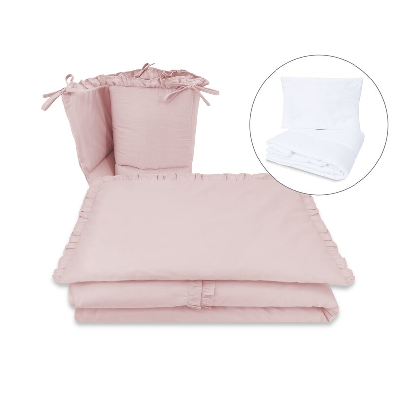 Lenjerie patut cu 5 piese, MimiNu, Pentru patut 120x60 cm, Cu volanase, Cu pilota si perna, Din bumbac certificat Oeko Tex Standard 100, Colectia Royal, Powder Pink - gogobaby.ro