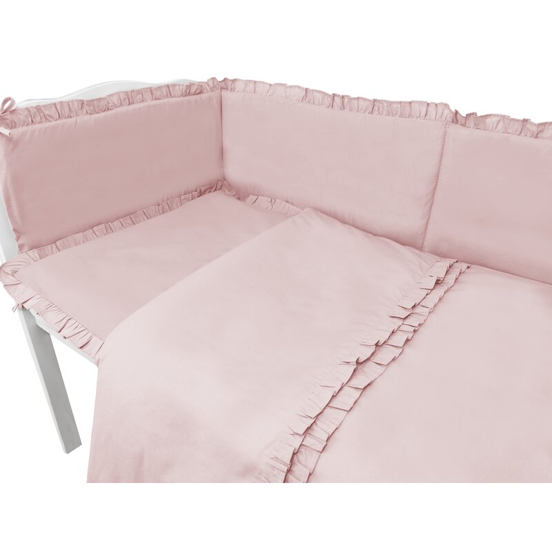 Lenjerie patut cu 5 piese, MimiNu, Pentru patut 120x60 cm, Cu volanase, Cu pilota si perna, Din bumbac certificat Oeko Tex Standard 100, Colectia Royal, Powder Pink