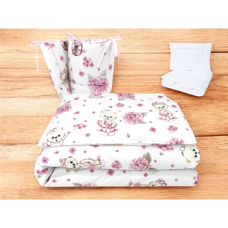 Lenjerie patut cu 5 piese, MimiNu, Pentru patut 120x60 cm, Cu pilota si perna, Din bumbac certificat Oeko Tex Standard 100, Design, Pink Ballerina