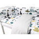 Lenjerie patut cu 6 piese, MimiNu, Pentru patut 120x60 cm, Cu pilota si perna, Cu doua aparatori laterale, Din bumbac certificat Oeko Tex Standard 100, Childrens Journey Grey