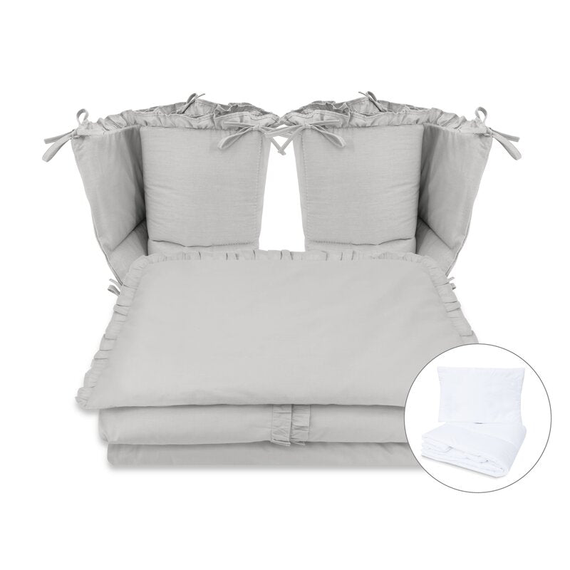Lenjerie patut cu 6 piese, MimiNu, Pentru patut 120x60 cm, Cu volanase, Cu pilota si perna, Cu doua aparatori laterale, Din bumbac certificat Oeko Tex Standard 100, Colectia Royal, Grey - gogobaby.ro