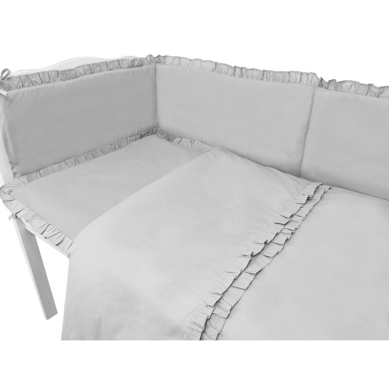 Lenjerie patut cu 6 piese, MimiNu, Pentru patut 120x60 cm, Cu volanase, Cu pilota si perna, Cu doua aparatori laterale, Din bumbac certificat Oeko Tex Standard 100, Colectia Royal, Grey