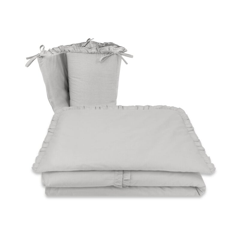 Lenjerie patut cu 6 piese, MimiNu, Pentru patut 120x60 cm, Cu volanase, Cu pilota si perna, Cu doua aparatori laterale, Din bumbac certificat Oeko Tex Standard 100, Colectia Royal, Grey