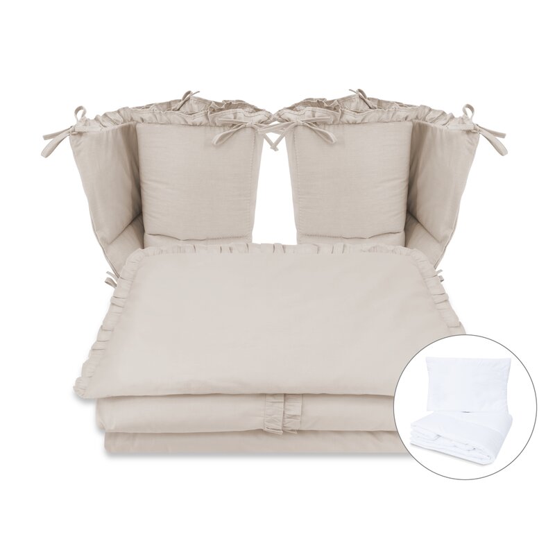 Lenjerie patut cu 6 piese, MimiNu, Pentru patut 120x60 cm, Cu volanase, Cu pilota si perna, Cu doua aparatori laterale, Din bumbac certificat Oeko Tex Standard 100, Colectia Royal, Beige - gogobaby.ro